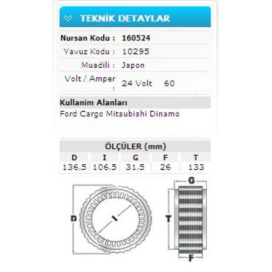24V 60A FORD CARGO MITSUBISHI DİNAMO 10295 24V 60A FORD CARGO MITSUBISHI DİNAMO 10295