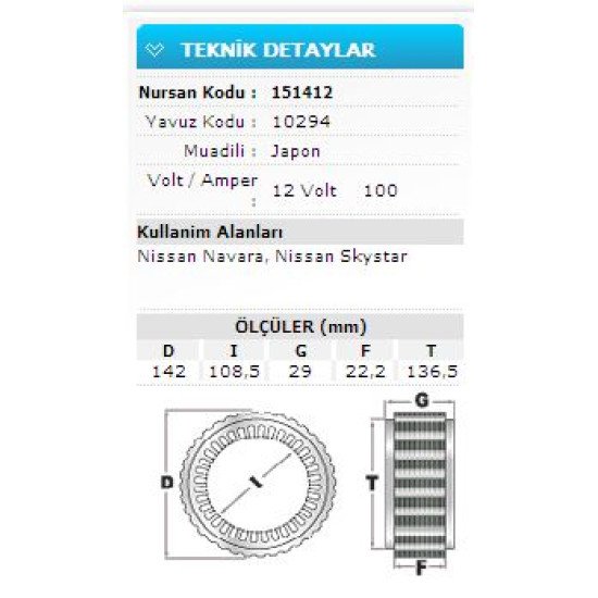 12V 100A NISSAN NAVARA .NISSAN SKYSTAR 10294
