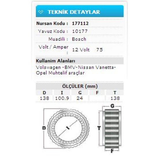 12V 75A VW-BMV-NISSAN VANETTA-OPEL MUHT.ARAÇ 10177