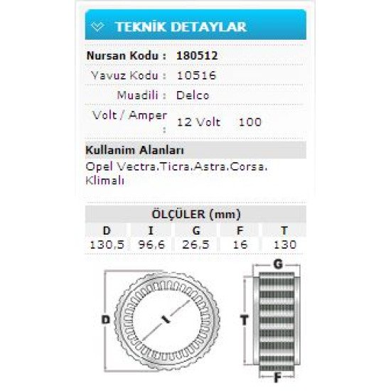 12V 100A OPEL VECTRA.TİCRA.ASTRA.CORSA.KLİM 10516