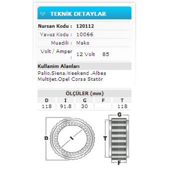12V 85A FIAT PALİO.SİENA.ALBEA MJET.OPELCORS 10066