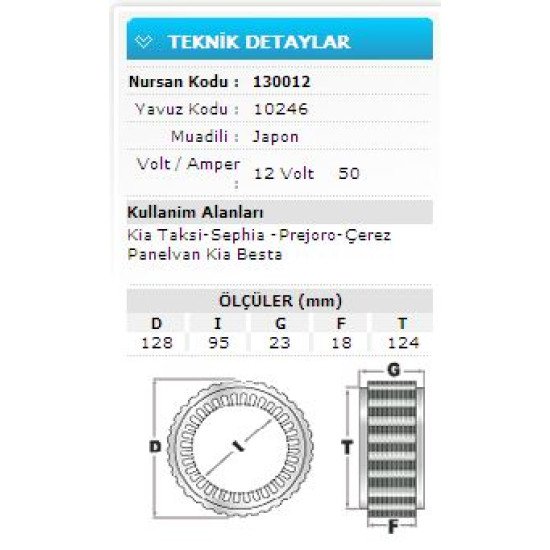 12V 50A KIA TAKSİ-SEPHİA-ÇEREZ P.VAN KIA B 10246